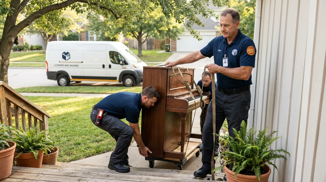 Licensed piano movers securing grand piano in Maple Plain, MN