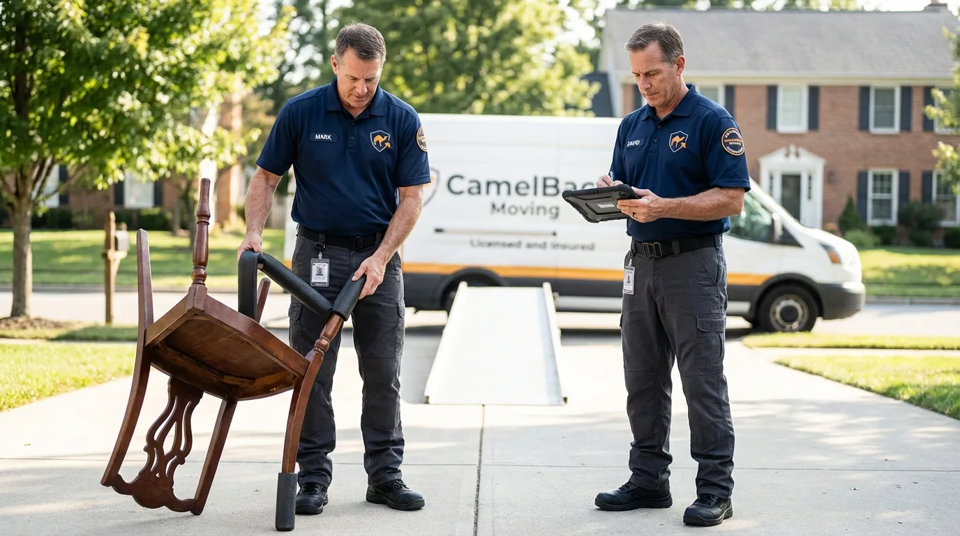 Movers inspecting furniture for damage prevention before loading in Maple Plain, MN