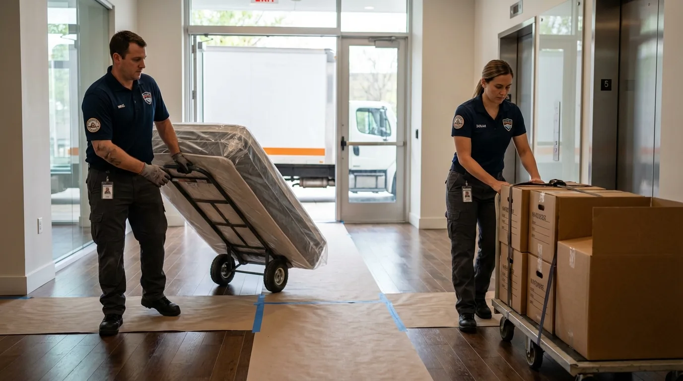 Professional apartment movers loading elevator in Maple Plain, MN