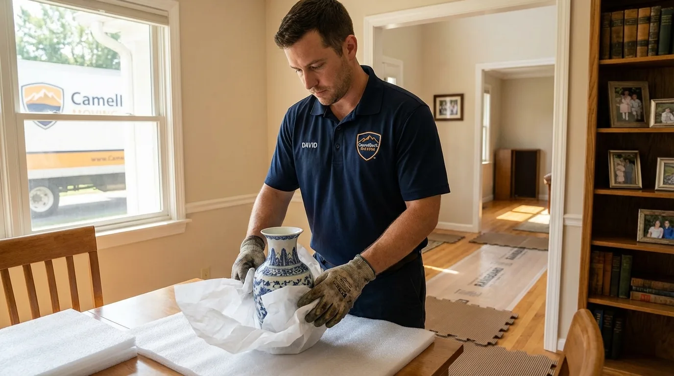 Professional crew carefully wrapping antique vase for senior downsizing move in Maple Plain, MN
